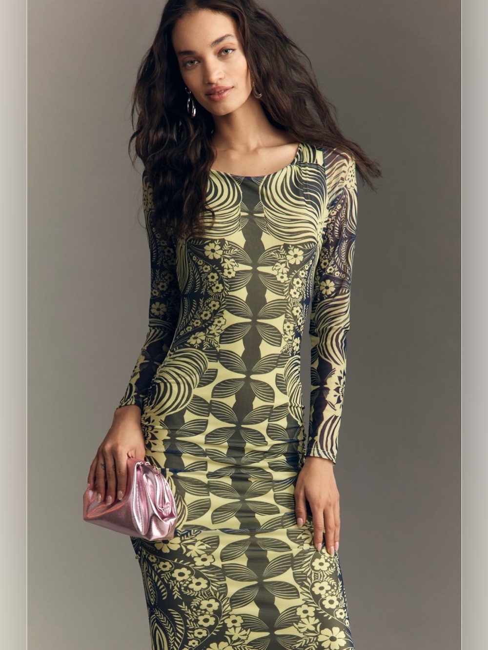 Anthropologie XL Open Back Mesh Maxi Dress Green Abstract Print $148 NWT - Picture 3 of 9